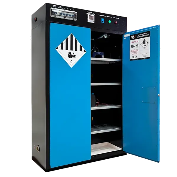 Lithium Ion Battery Cabinet 170L (2 Door) - one door open
